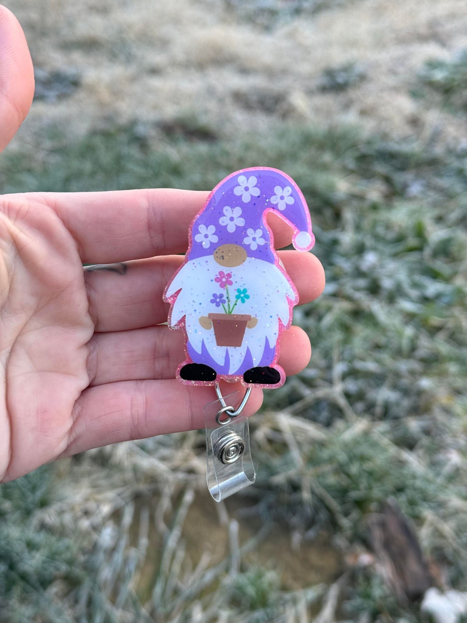 Spring Gnome, Retractable Badge Reel, Flower Gnome, Spring Time